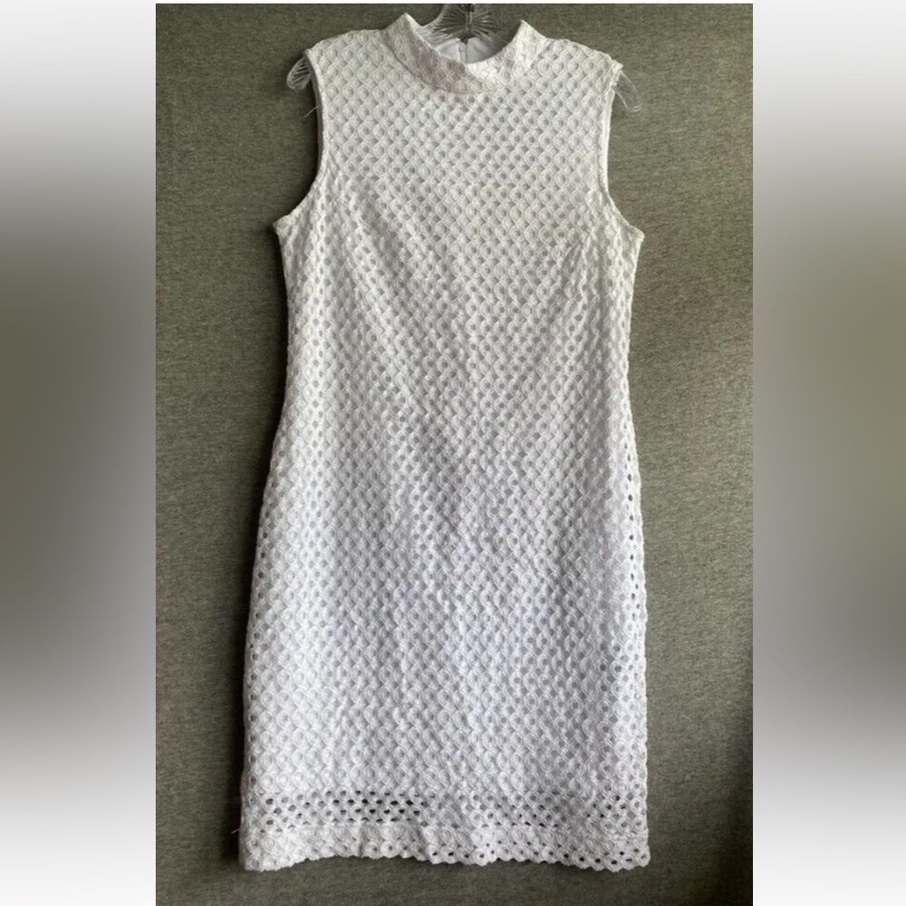SHARAGANO LADIES DRESS 8 WHITE EYELET SHEATH MOCK CROCHET SLEEVELESS GRADUATE